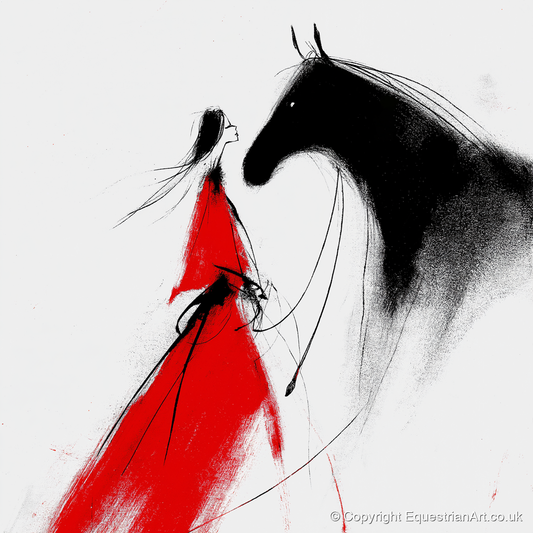 Scarlet and Shadow - horse & rider art print and canvas by Sebastian Vale A.I
