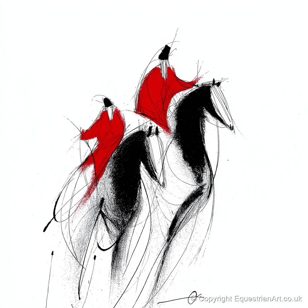 Scarlet Pursuit - show jumping horse art print and canvas by Sebastian Vale A.I