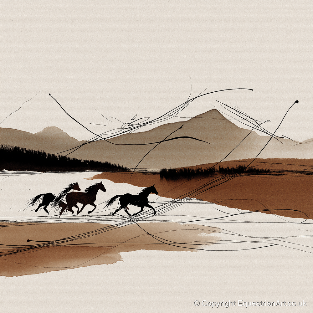 Sepia Horizon Herd - wild horses art print and canvas by Julian Vance A.I