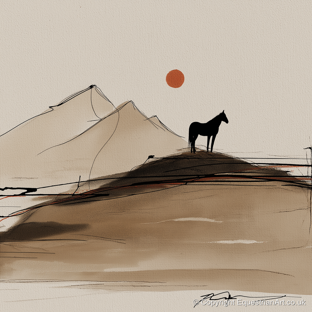 Sepia Ridge Silhouette - horse landscape art print and canvas by Julian Vance A.I
