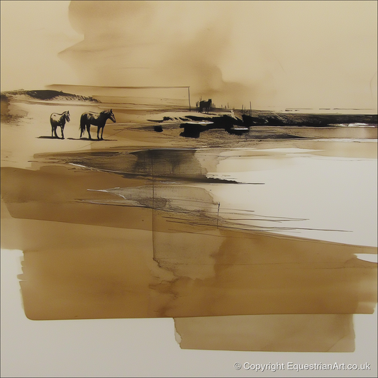 Sepia Shoreline Drift - horse landscape art print and canvas by Harrison Cole A.I