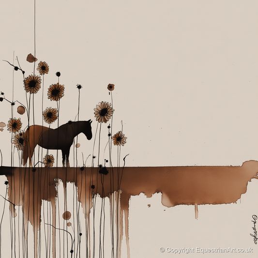 Sepia Sunflower Silhouette - horse landscape art print and canvas by Julian Vance A.I