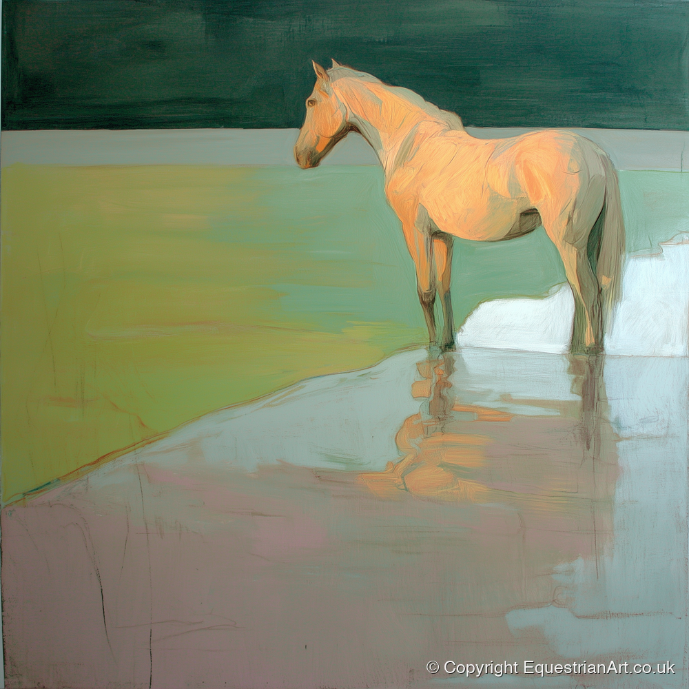 Serene Beach Reflection - beach horse art print and canvas by Emerson Grey A.I