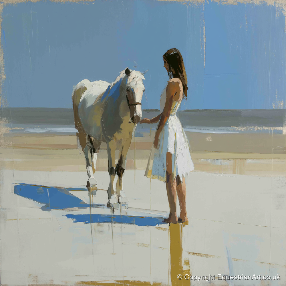 Serenity at Tide's Edge - horse & rider art print and canvas by Elias Thorne A.I