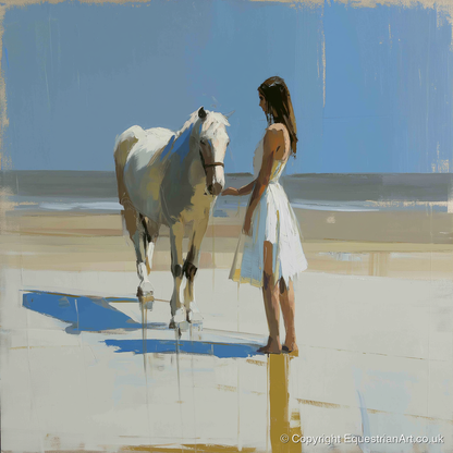 Serenity at Tide's Edge - horse & rider art print and canvas by Elias Thorne A.I