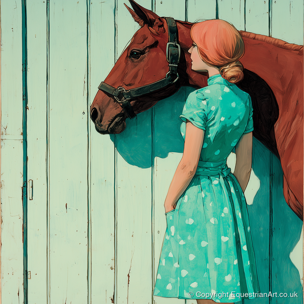 Shadows in Mint and Chestnut - horse & rider art print and canvas by Declan Foley A.I
