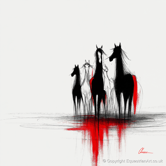 Shadows in Scarlet - wild horses art print and canvas by Sebastian Vale A.I
