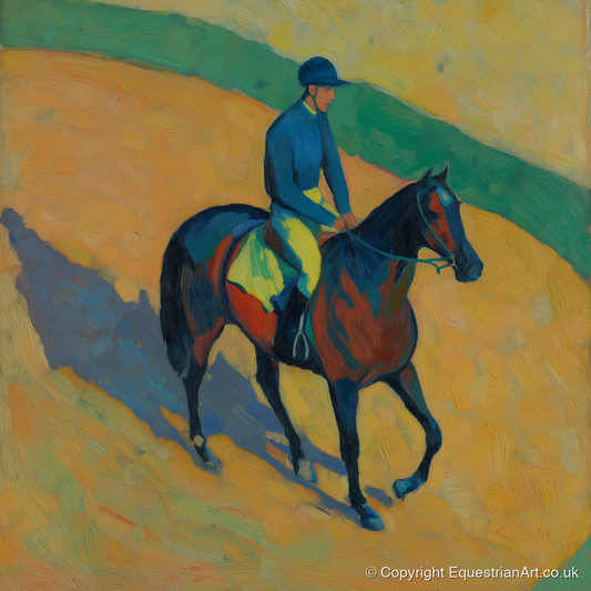 Shadows on the Golden Track - racing horse art print and canvas by Rowan Sinclair A.I