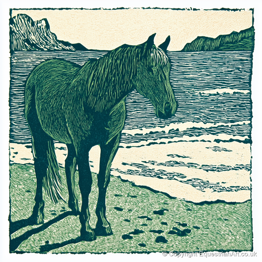 Shoreline Solitude - horse landscape art print and canvas by Hector Sullivan A.I