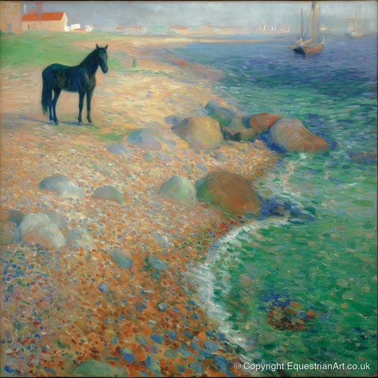 Shoreline Solitude - horse landscape art print and canvas by Ambrose Keating A.I