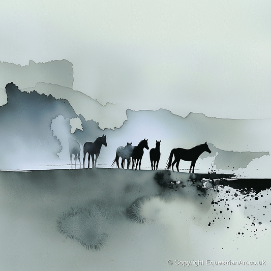 Silent Sentinels of the Mist - wild horses art print and canvas by Adrian Frost A.I
