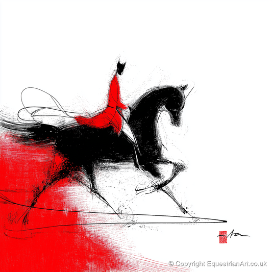 Silhouette in Crimson - dressage horse art print and canvas by Sebastian Vale A.I