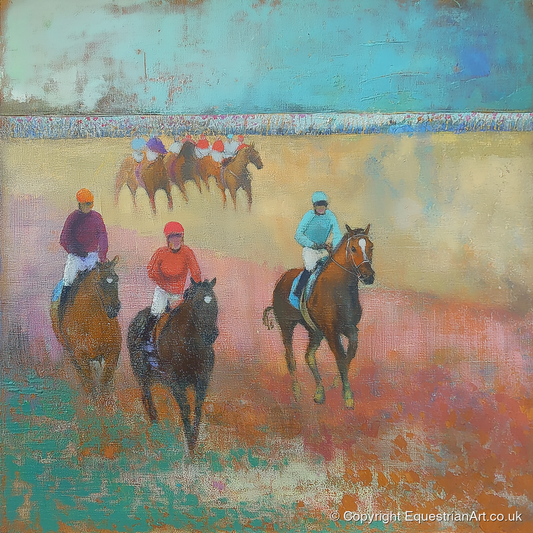 Silks Across the Furlong - racing horse art print and canvas by Benedict Croft A.I