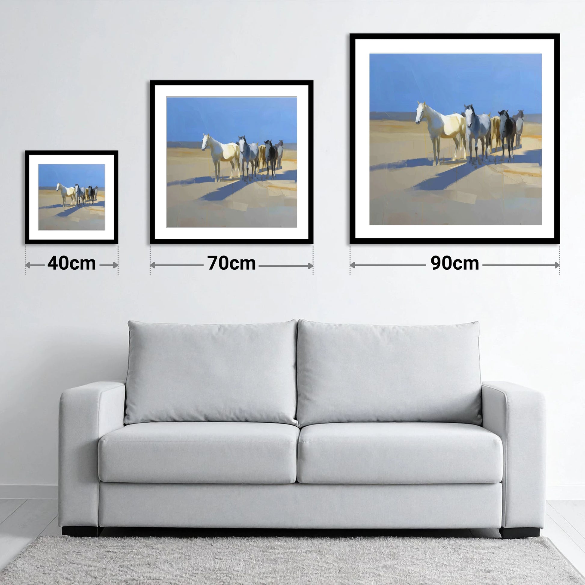 Sunlit High Plains - size guide showing 40cm, 70cm and 90cm art prints