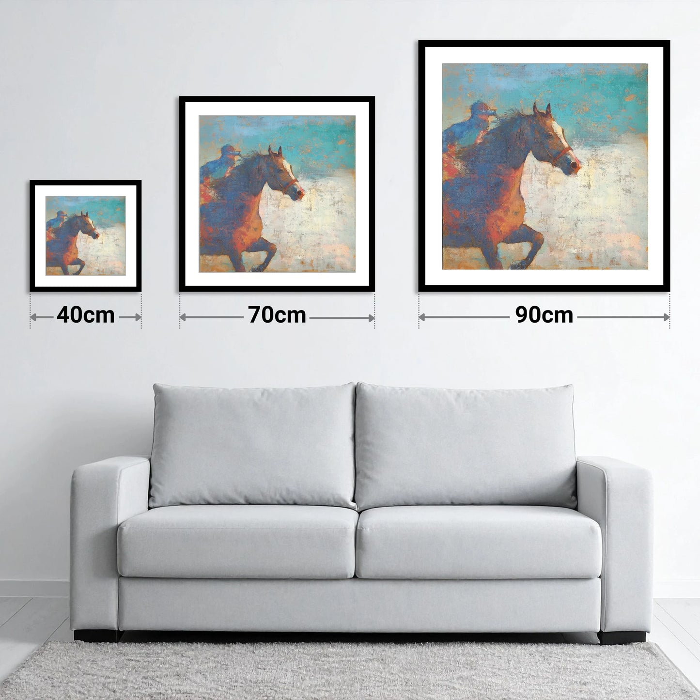 Echoes of the Turf - size guide showing 40cm, 70cm and 90cm art prints