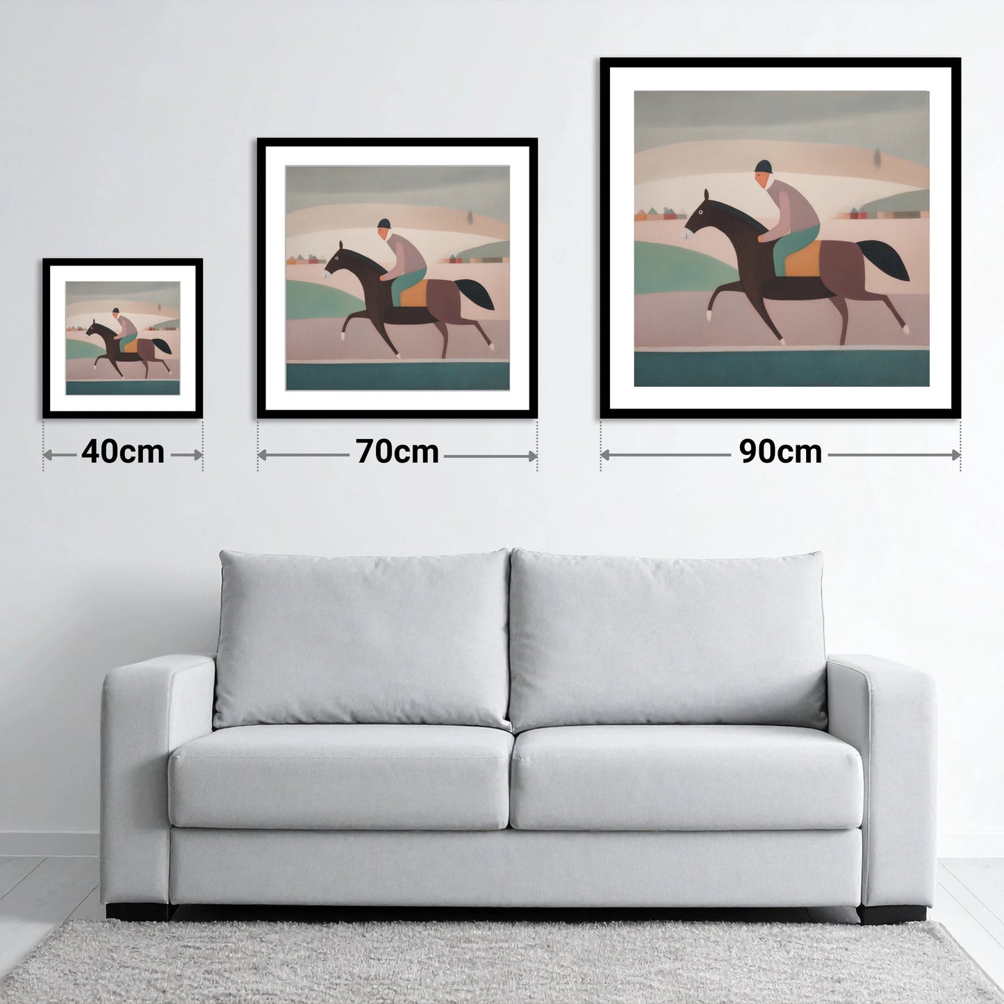 Muted Morning Canter - size guide showing 40cm, 70cm and 90cm art prints
