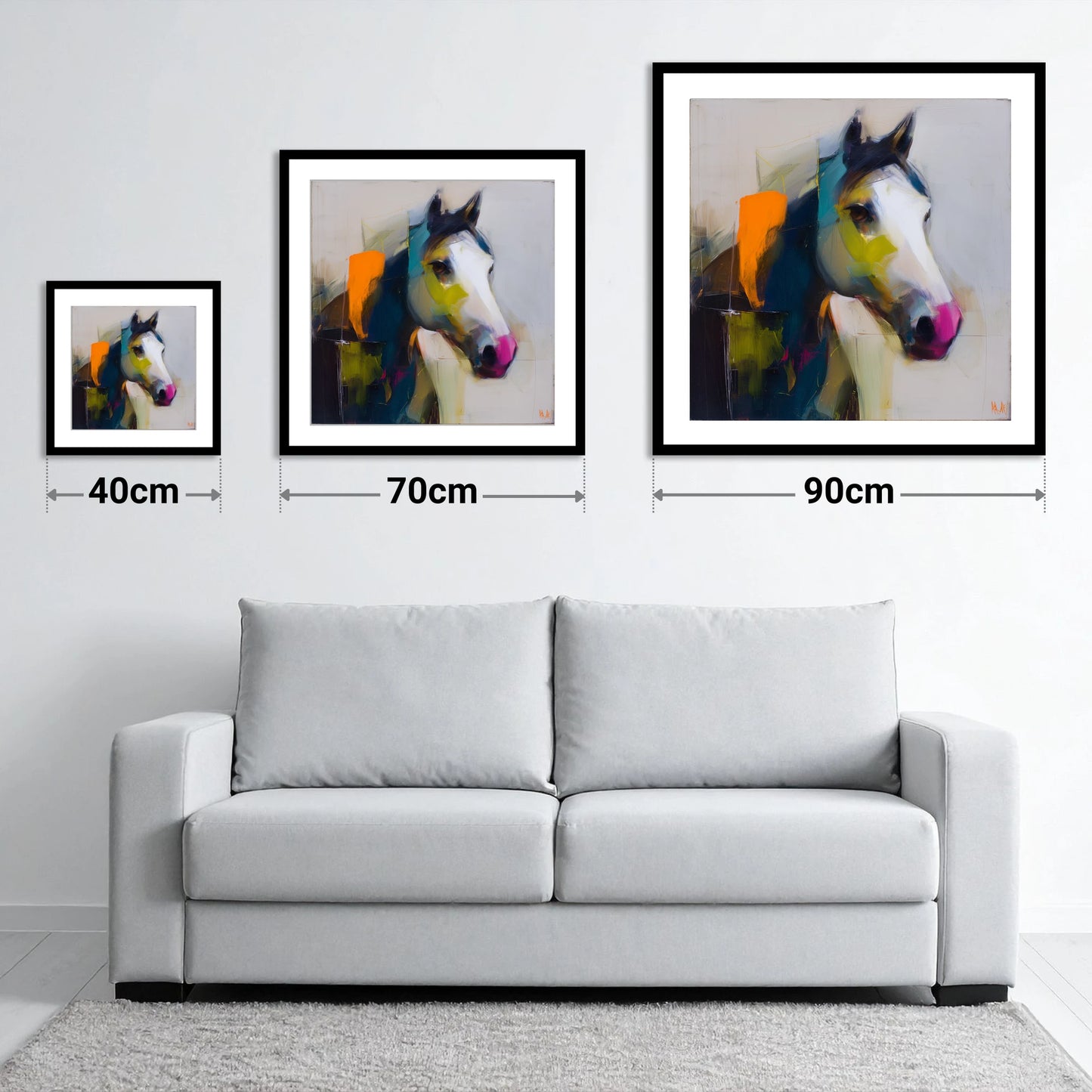 Vivid Equine Profile - size guide showing 40cm, 70cm and 90cm art prints