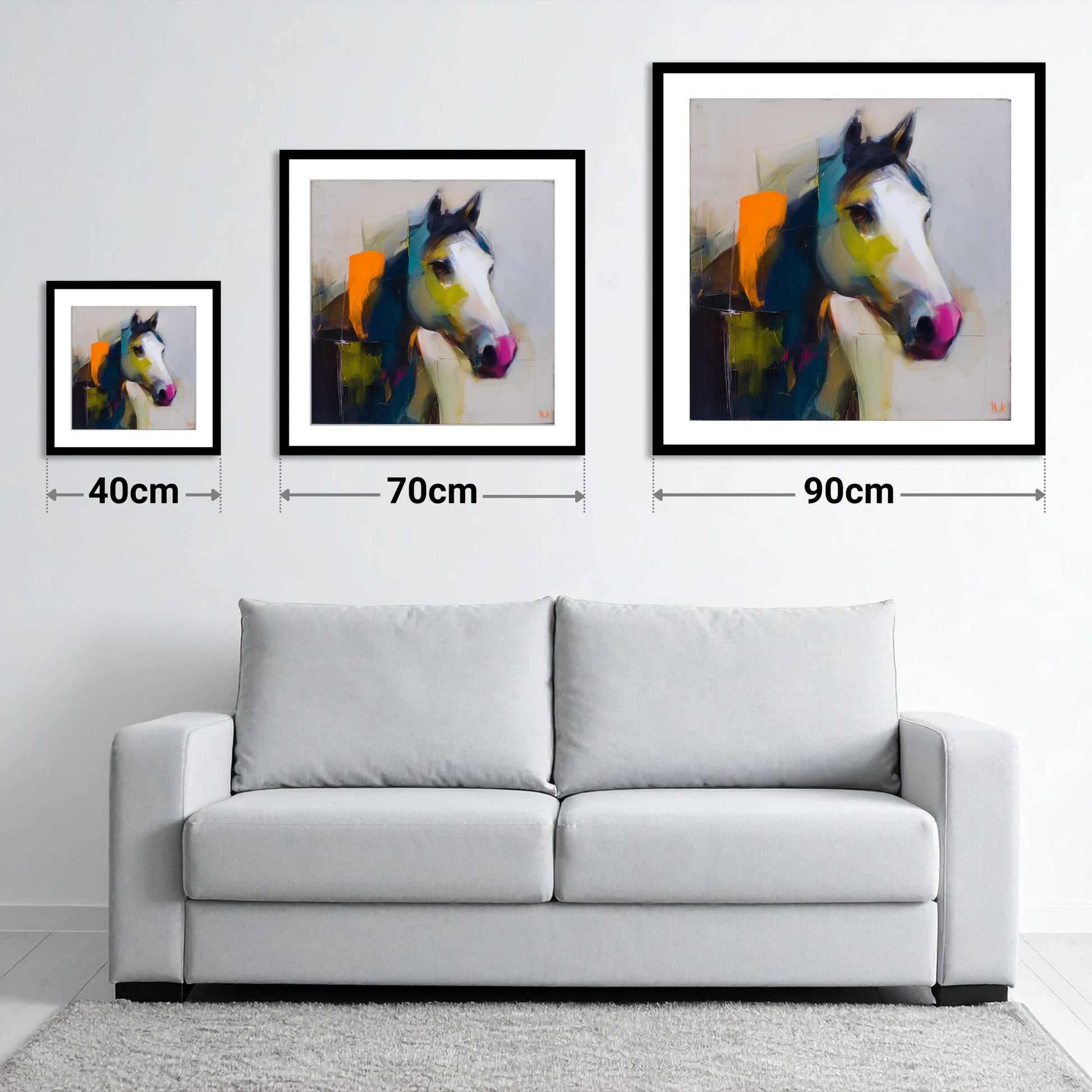 Vivid Equine Profile - size guide showing 40cm, 70cm and 90cm art prints