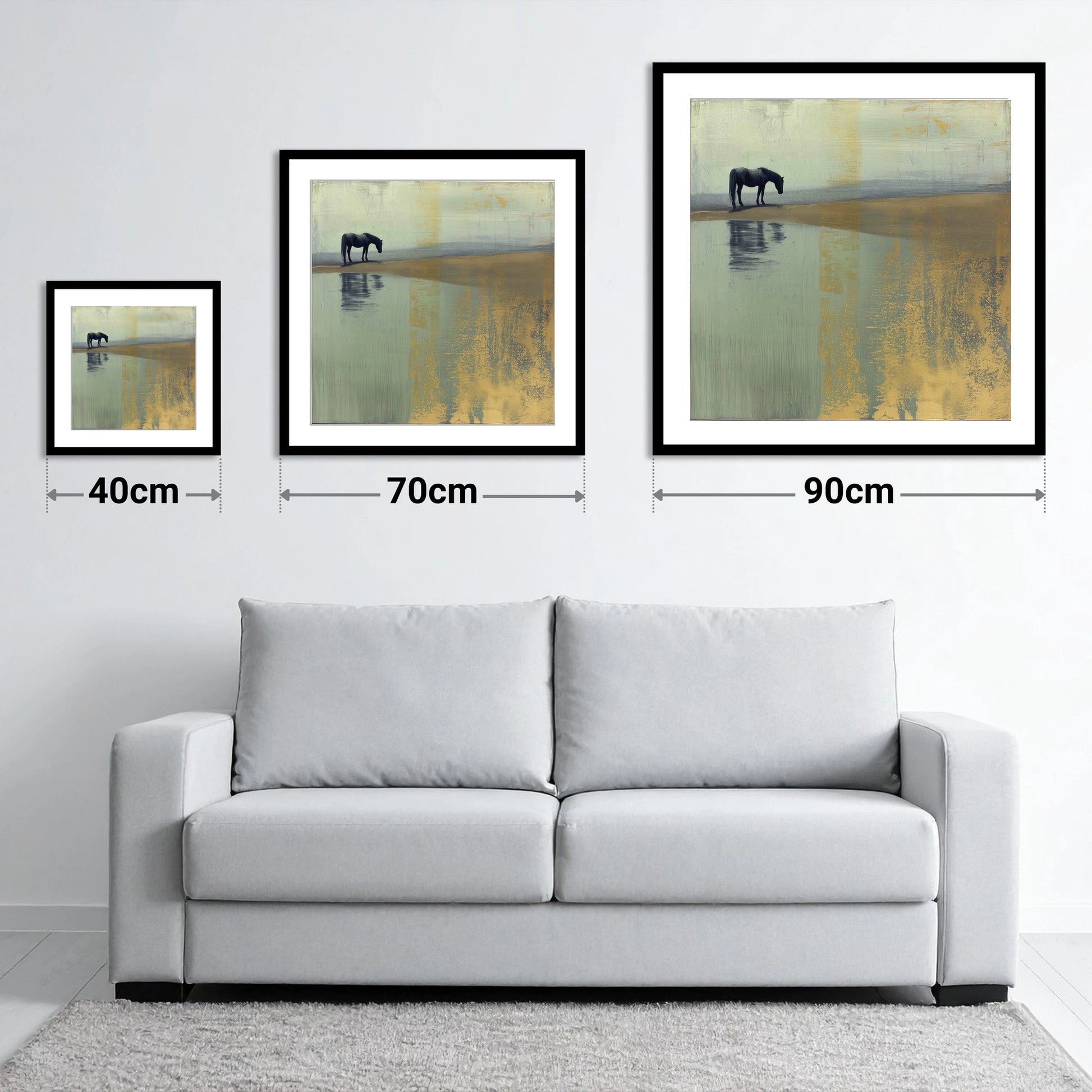 Gilded Solitude - size guide showing 40cm, 70cm and 90cm art prints