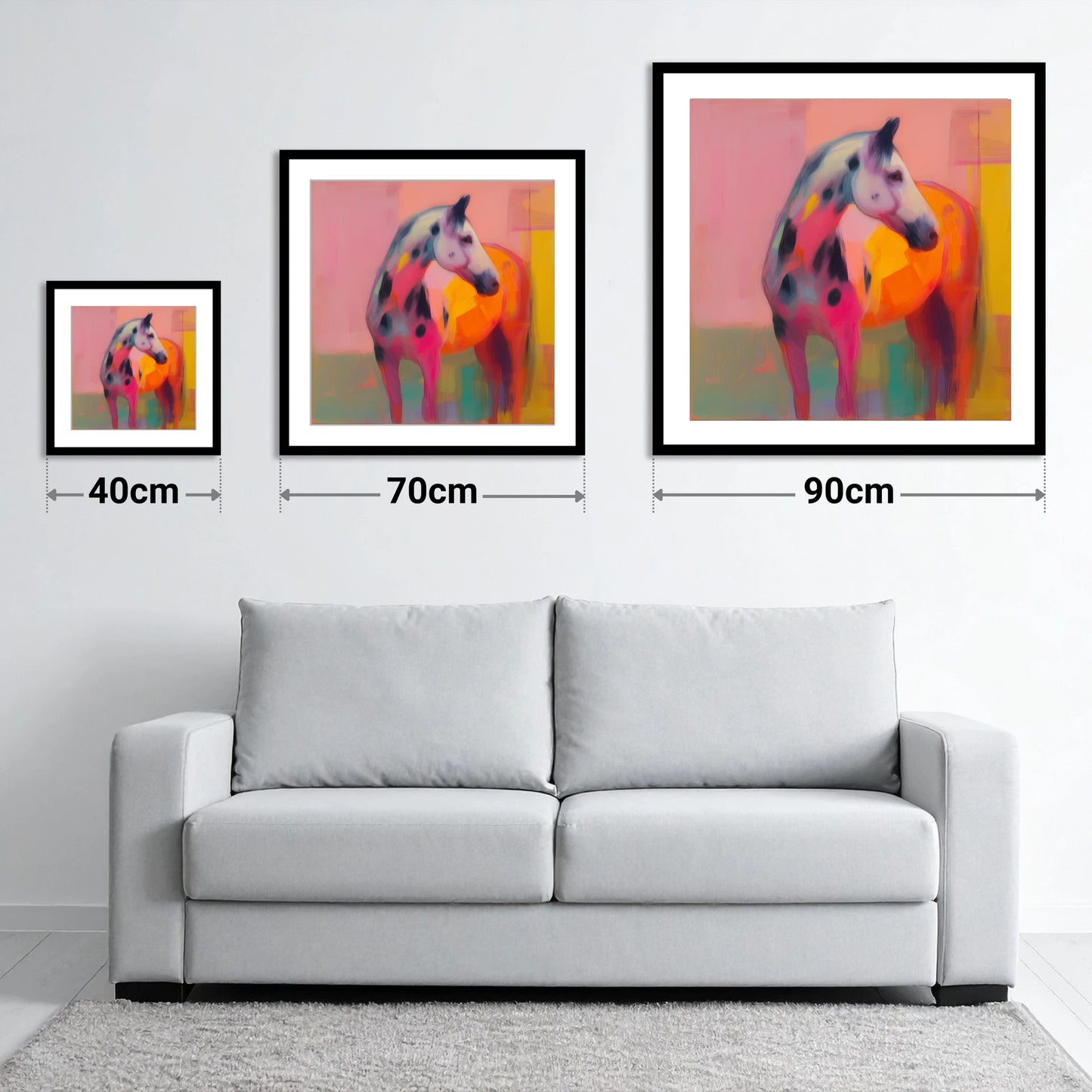 Vibrant Appaloosa - size guide showing 40cm, 70cm and 90cm art prints