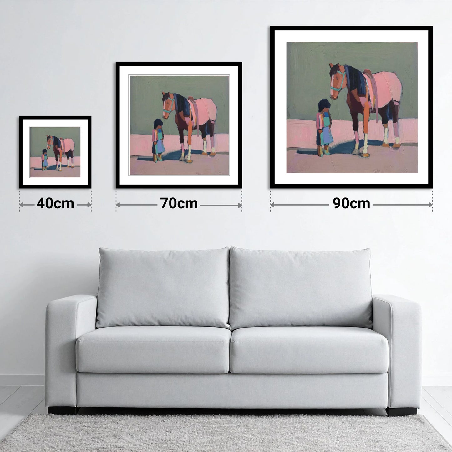 Quiet Connection - size guide showing 40cm, 70cm and 90cm art prints