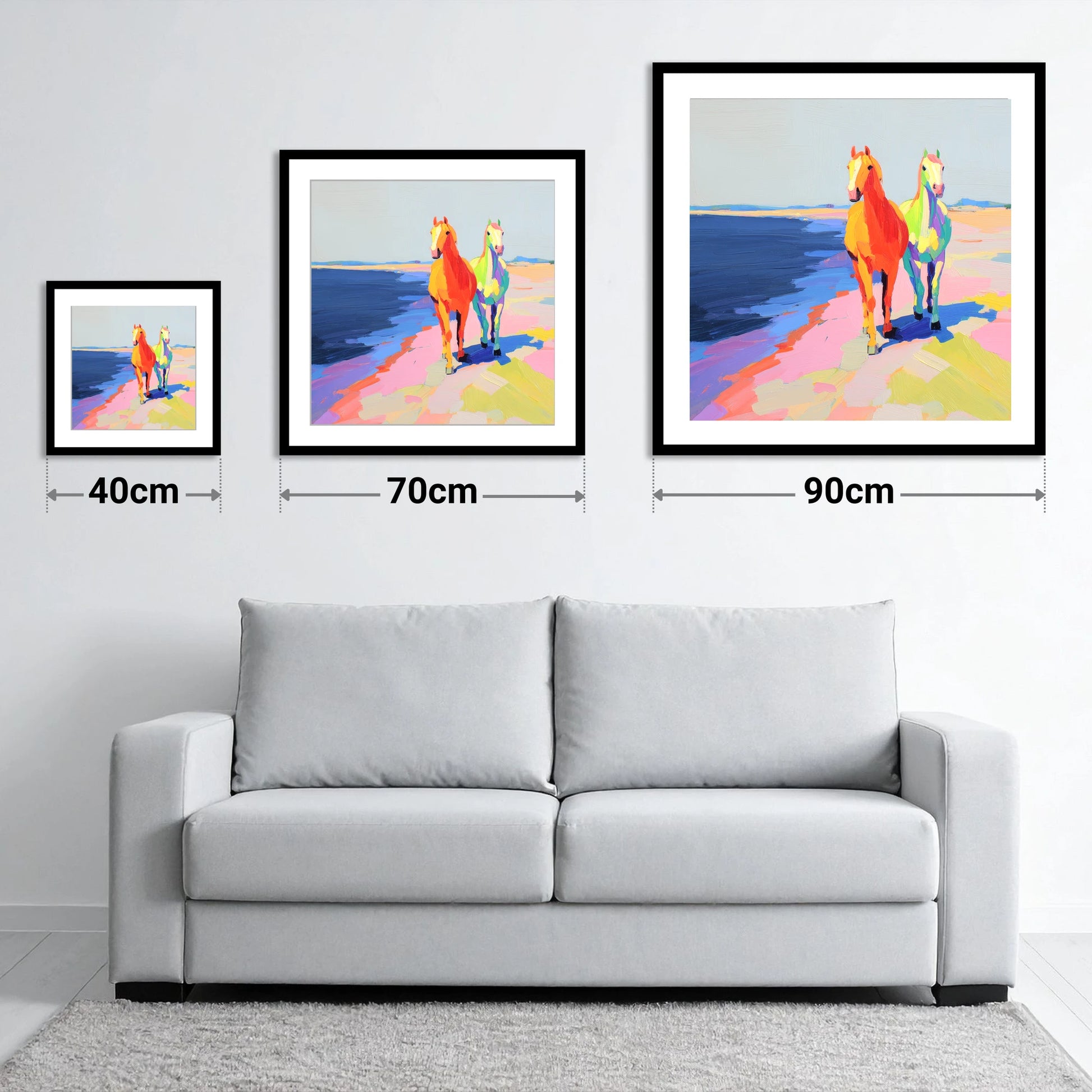 Vibrant Coastal Companions - size guide showing 40cm, 70cm and 90cm art prints