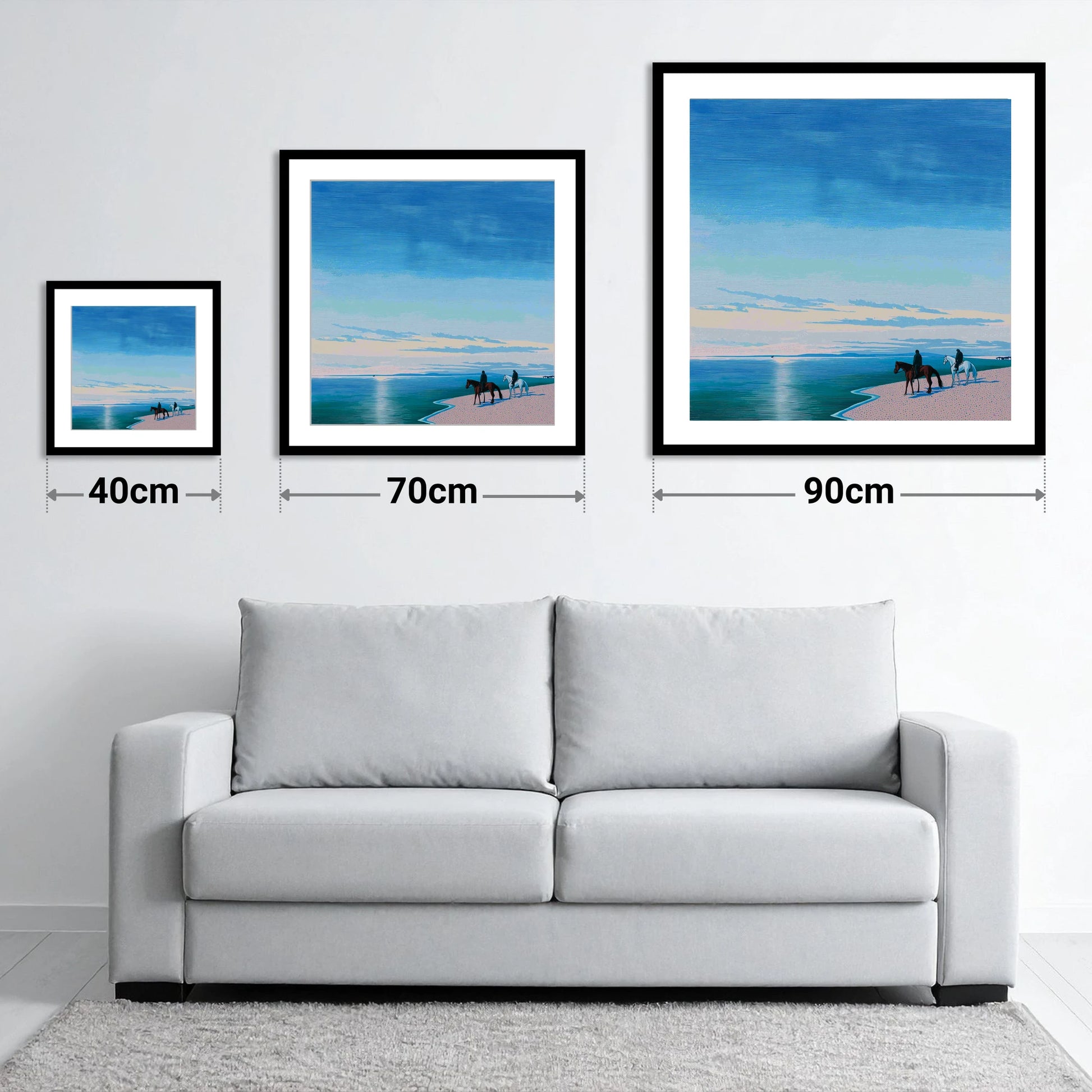 Horizon Bound - size guide showing 40cm, 70cm and 90cm art prints