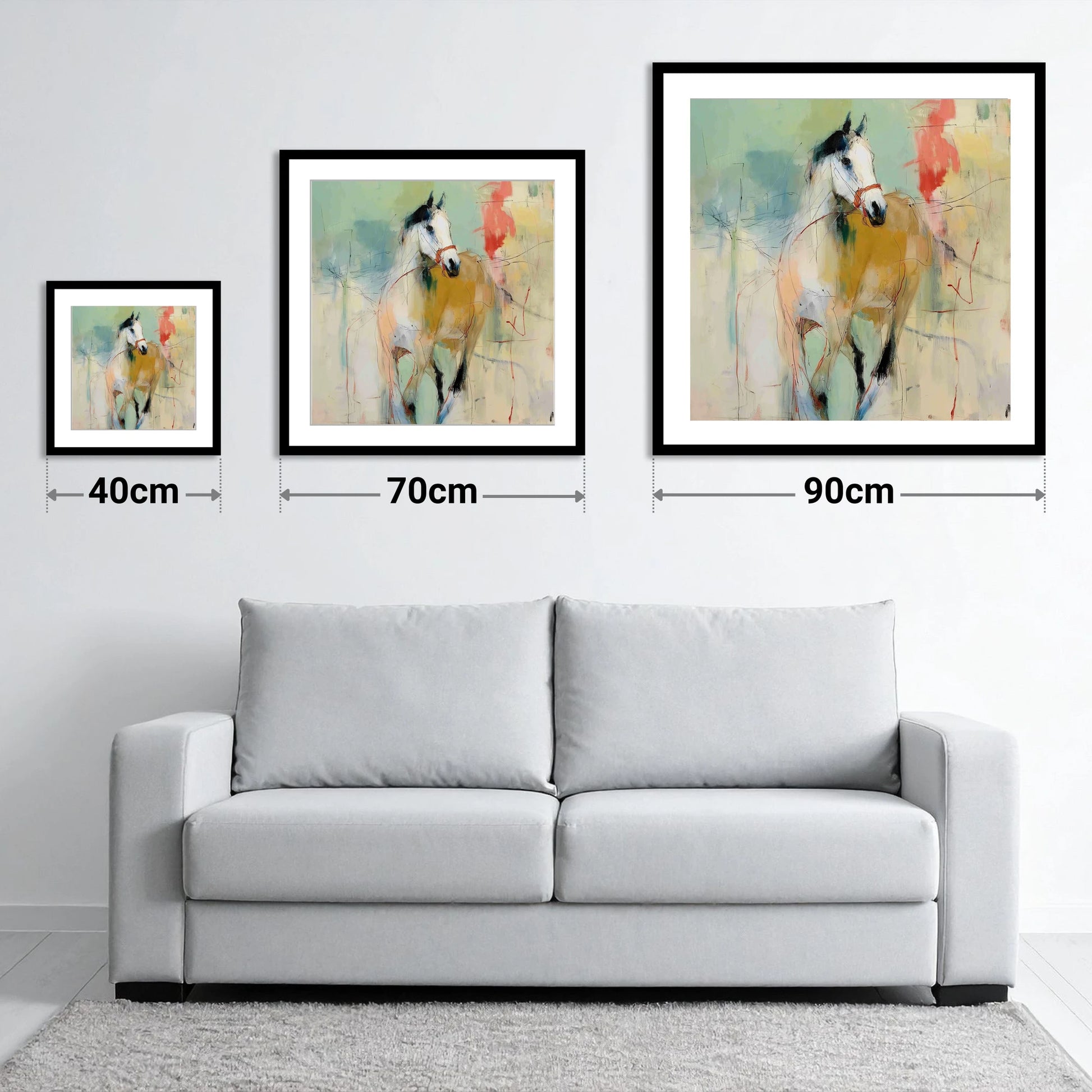 Abstract Paddock Spirit - size guide showing 40cm, 70cm and 90cm art prints