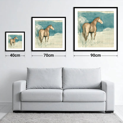 The Quiet Glance - size guide showing 40cm, 70cm and 90cm art prints