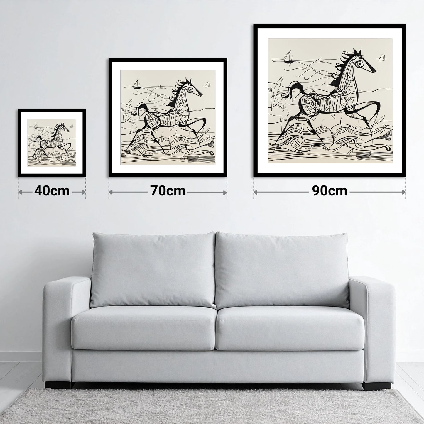 Structural Seaside Canter - size guide showing 40cm, 70cm and 90cm art prints