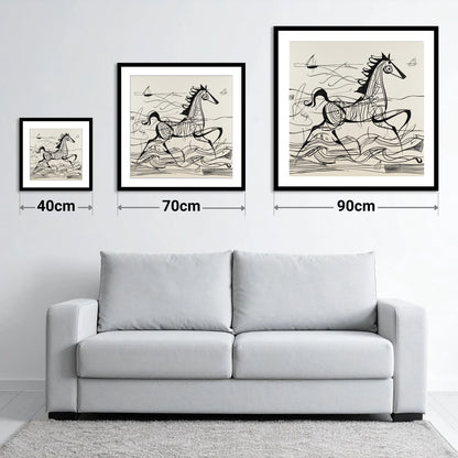 Structural Seaside Canter - size guide showing 40cm, 70cm and 90cm art prints