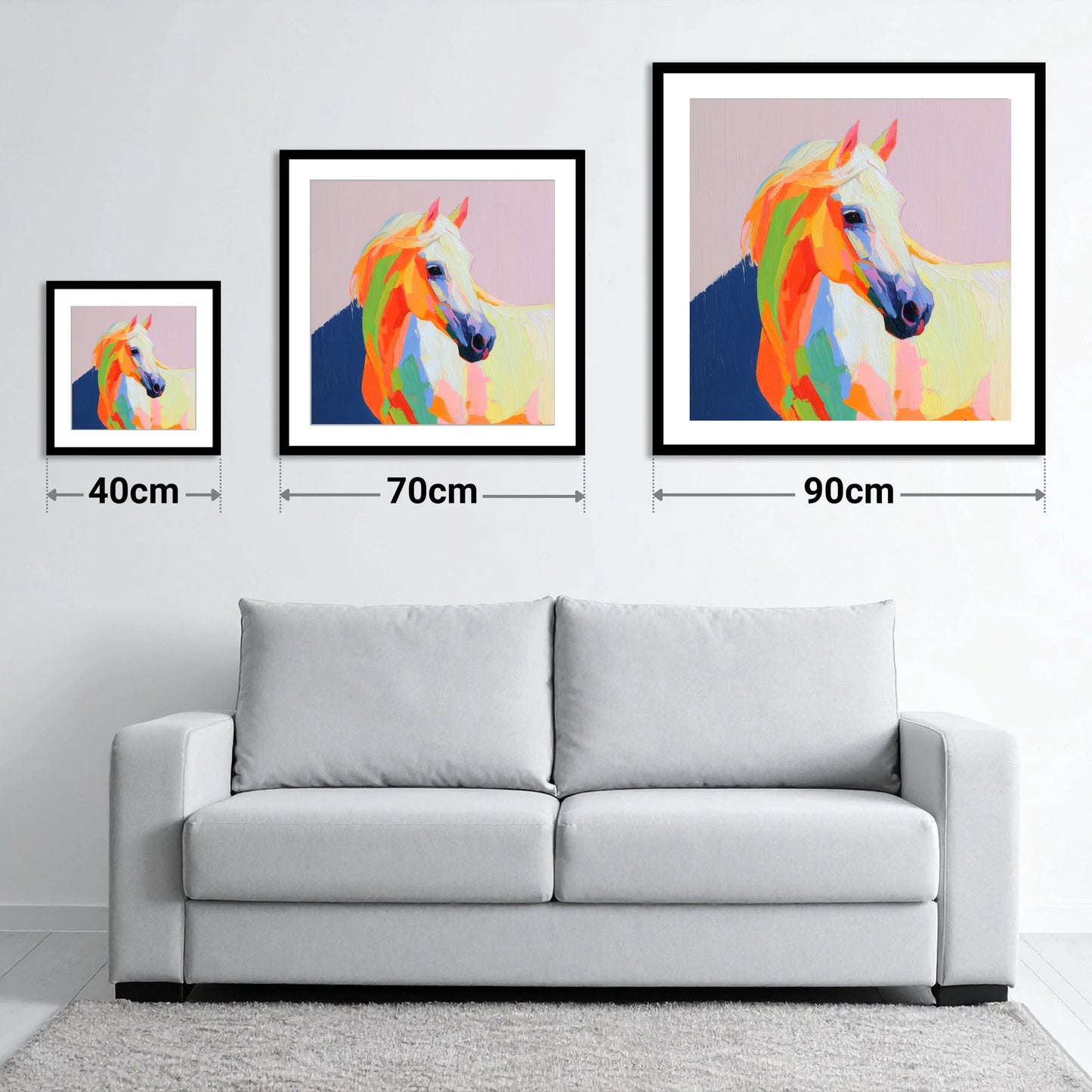 Vivid Equine Profile - size guide showing 40cm, 70cm and 90cm art prints