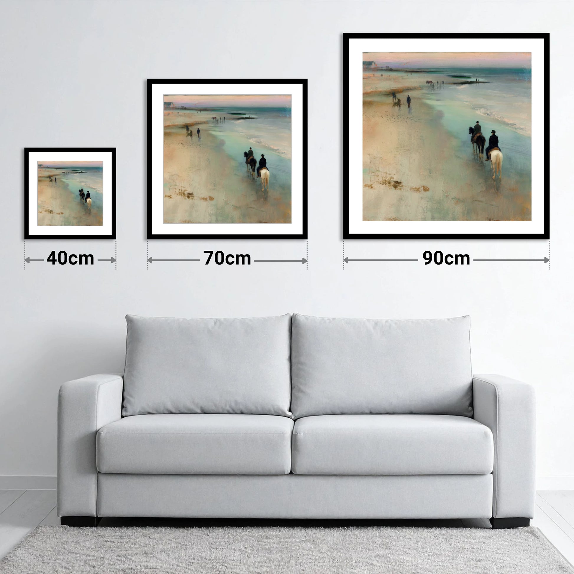 Reflections on the Shore - size guide showing 40cm, 70cm and 90cm art prints