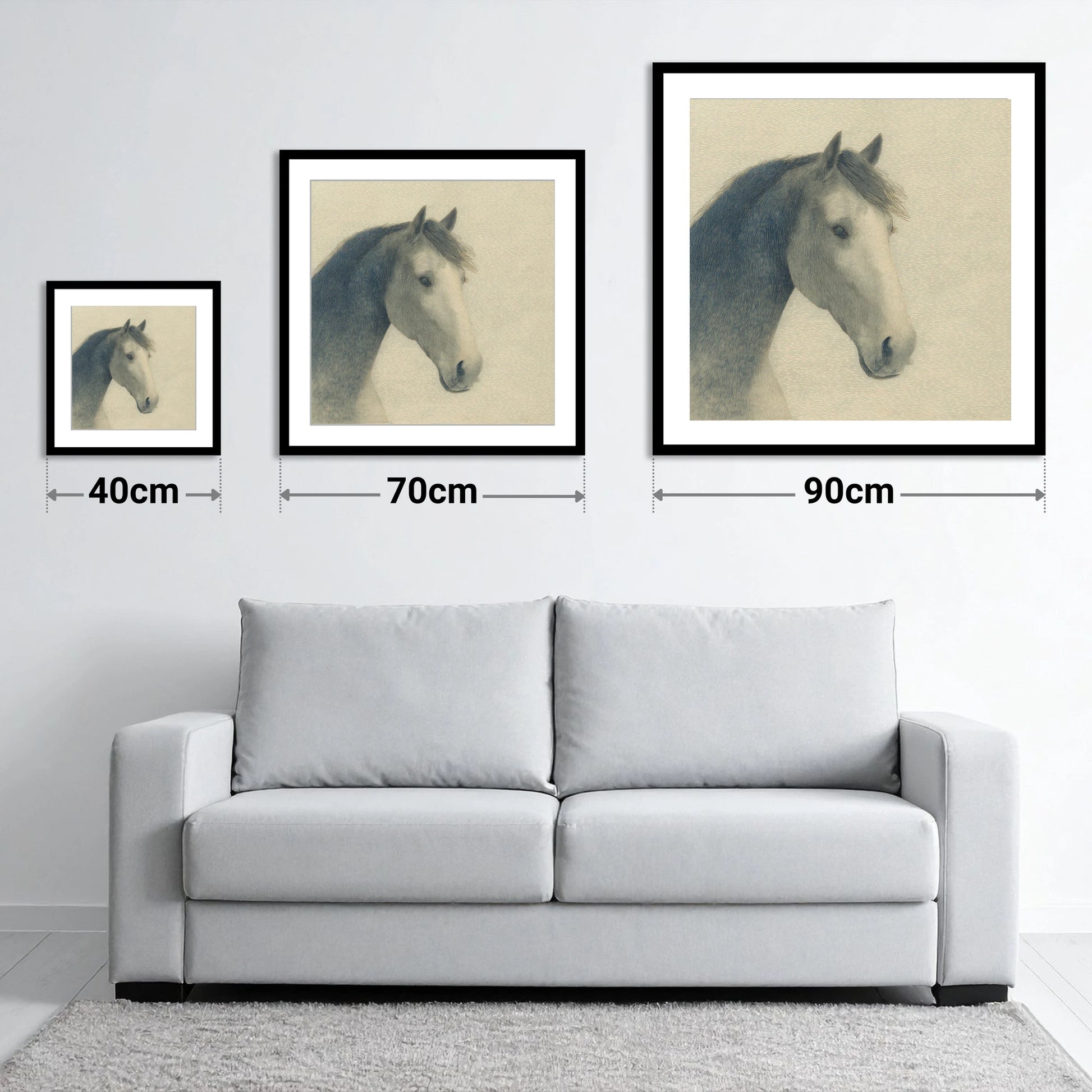 Vintage Slate Equine Profile - size guide showing 40cm, 70cm and 90cm art prints