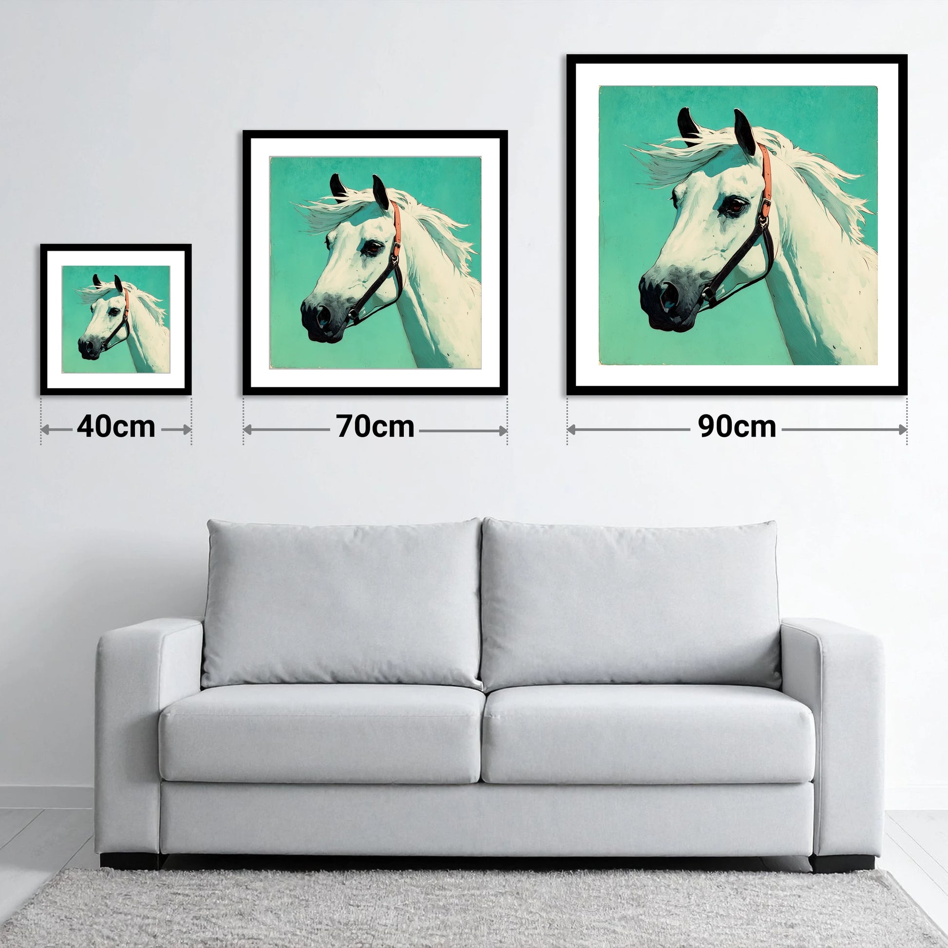 The Vivid Grey - size guide showing 40cm, 70cm and 90cm art prints