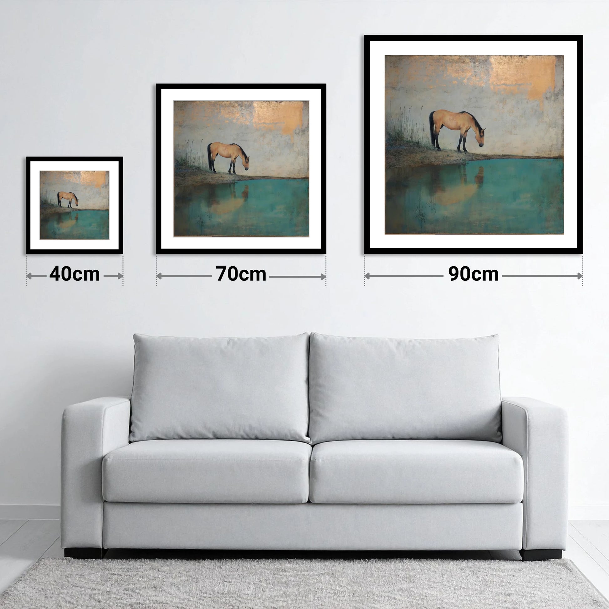 Gilded Reflection - size guide showing 40cm, 70cm and 90cm art prints