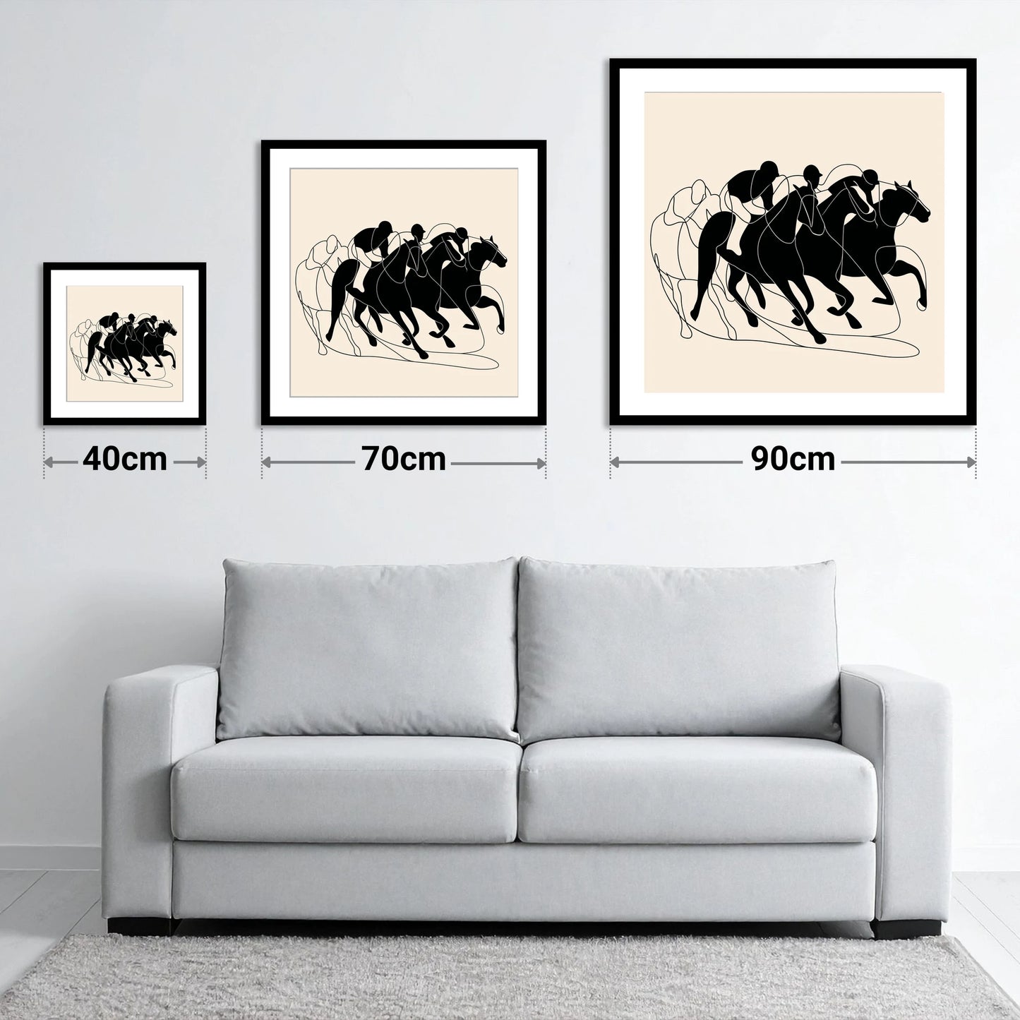 The Leading Pack - size guide showing 40cm, 70cm and 90cm art prints