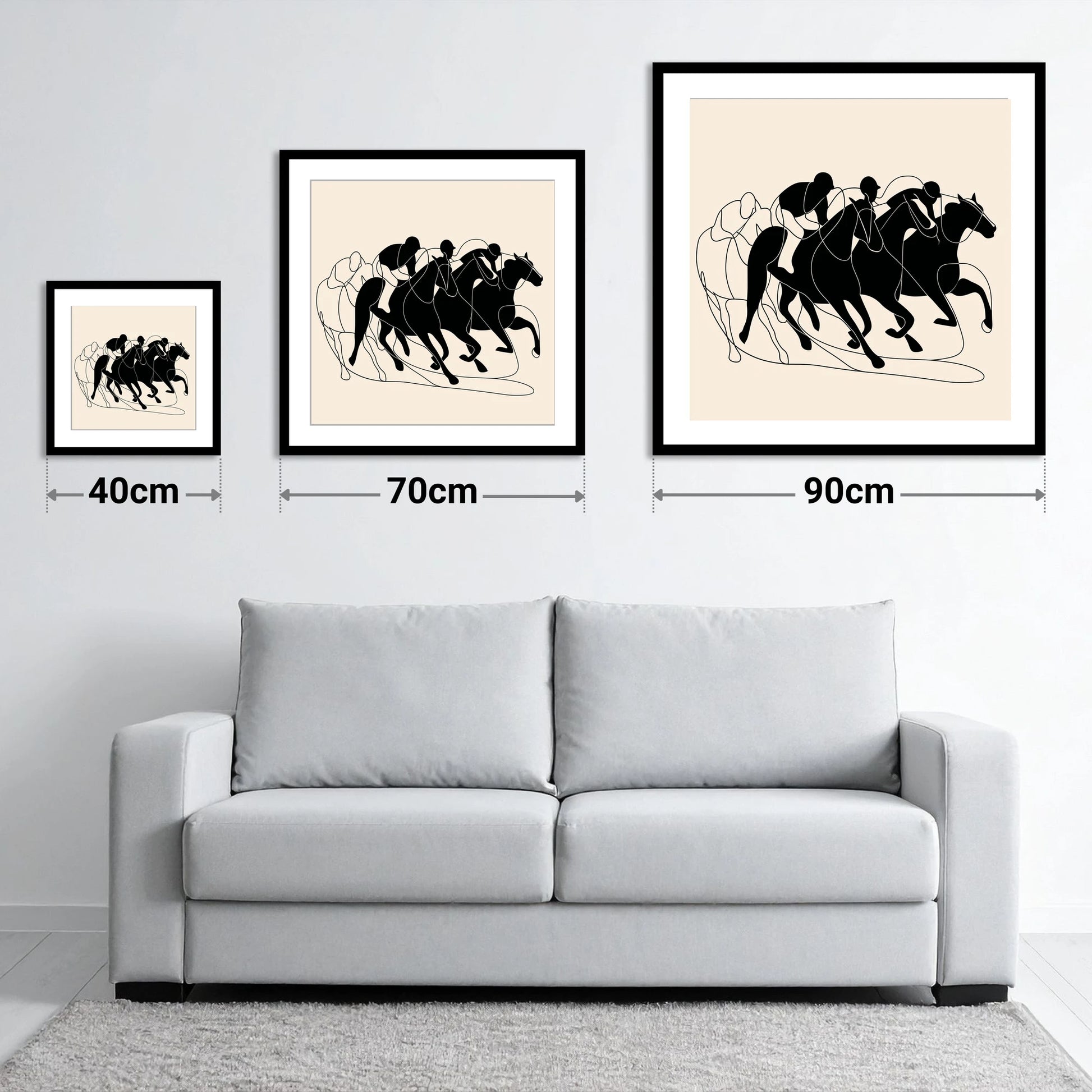 The Leading Pack - size guide showing 40cm, 70cm and 90cm art prints