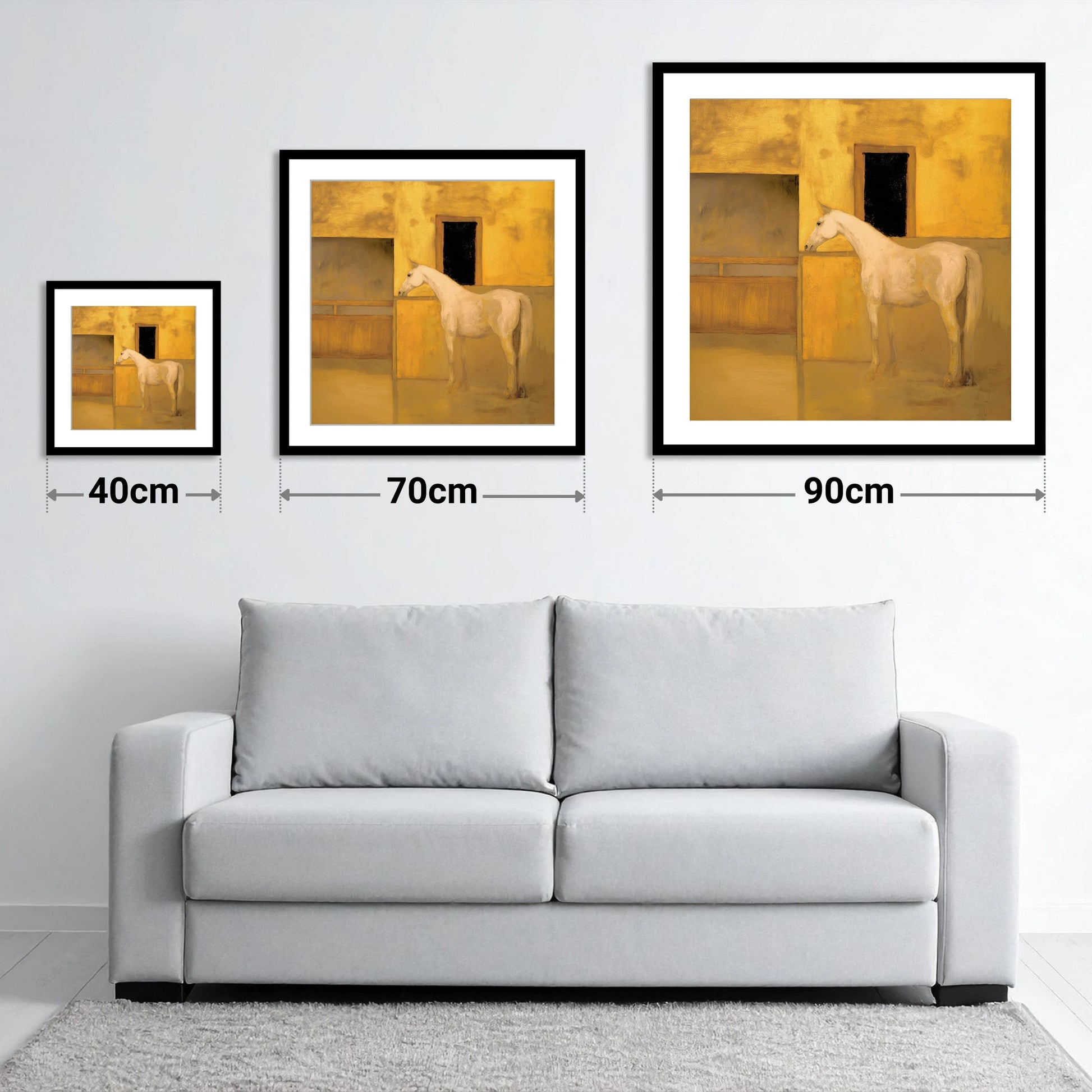Ochre and Cream - size guide showing 40cm, 70cm and 90cm art prints