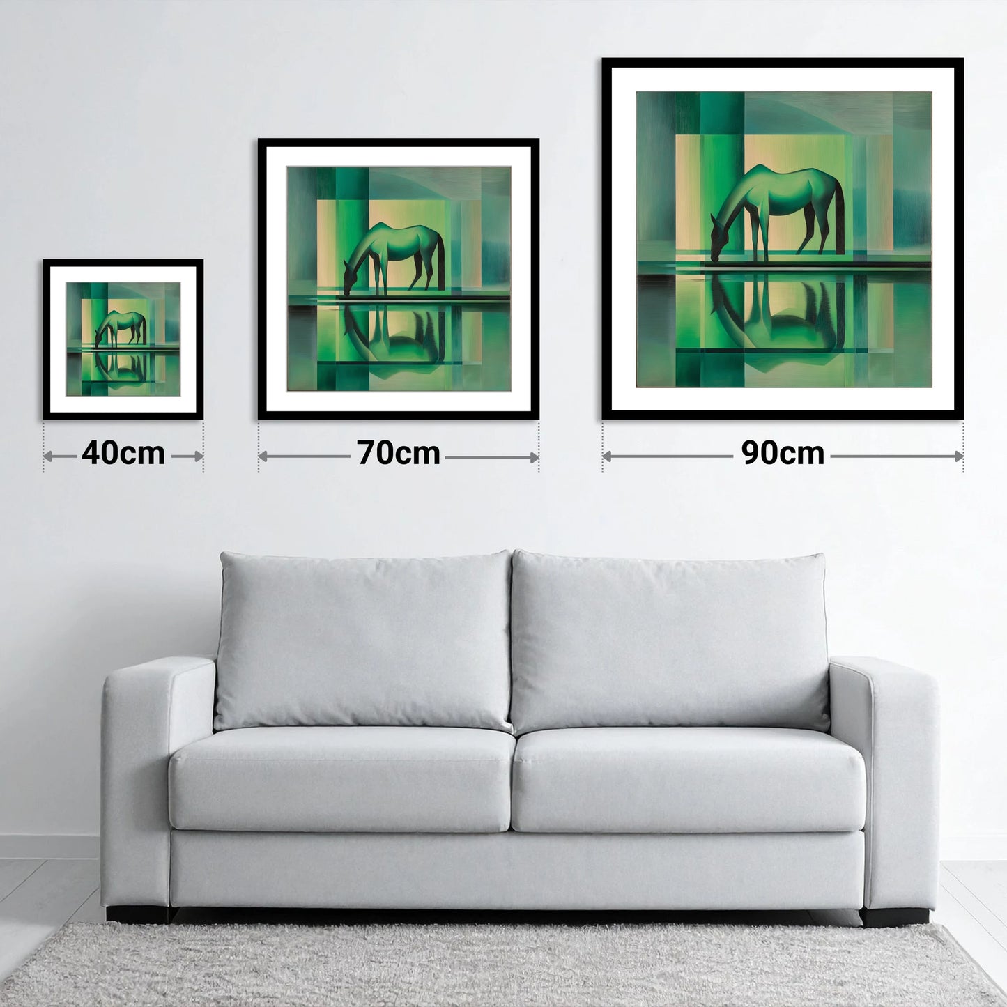 Verdant Reflection - size guide showing 40cm, 70cm and 90cm art prints