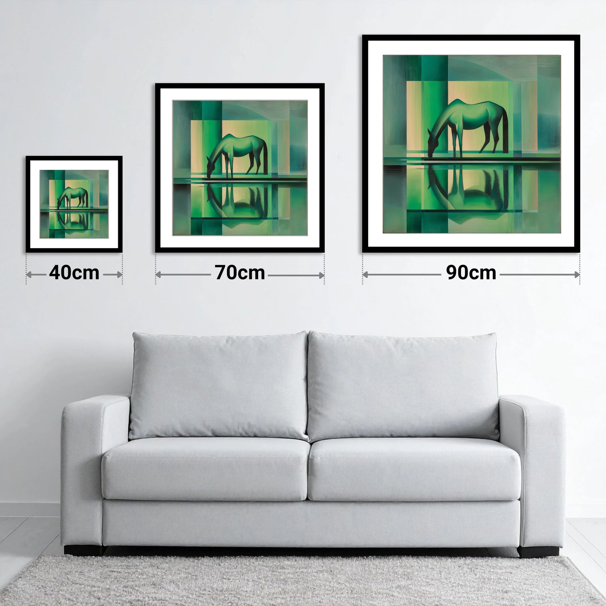 Verdant Reflection - size guide showing 40cm, 70cm and 90cm art prints