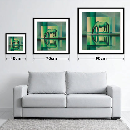 Verdant Reflection - size guide showing 40cm, 70cm and 90cm art prints