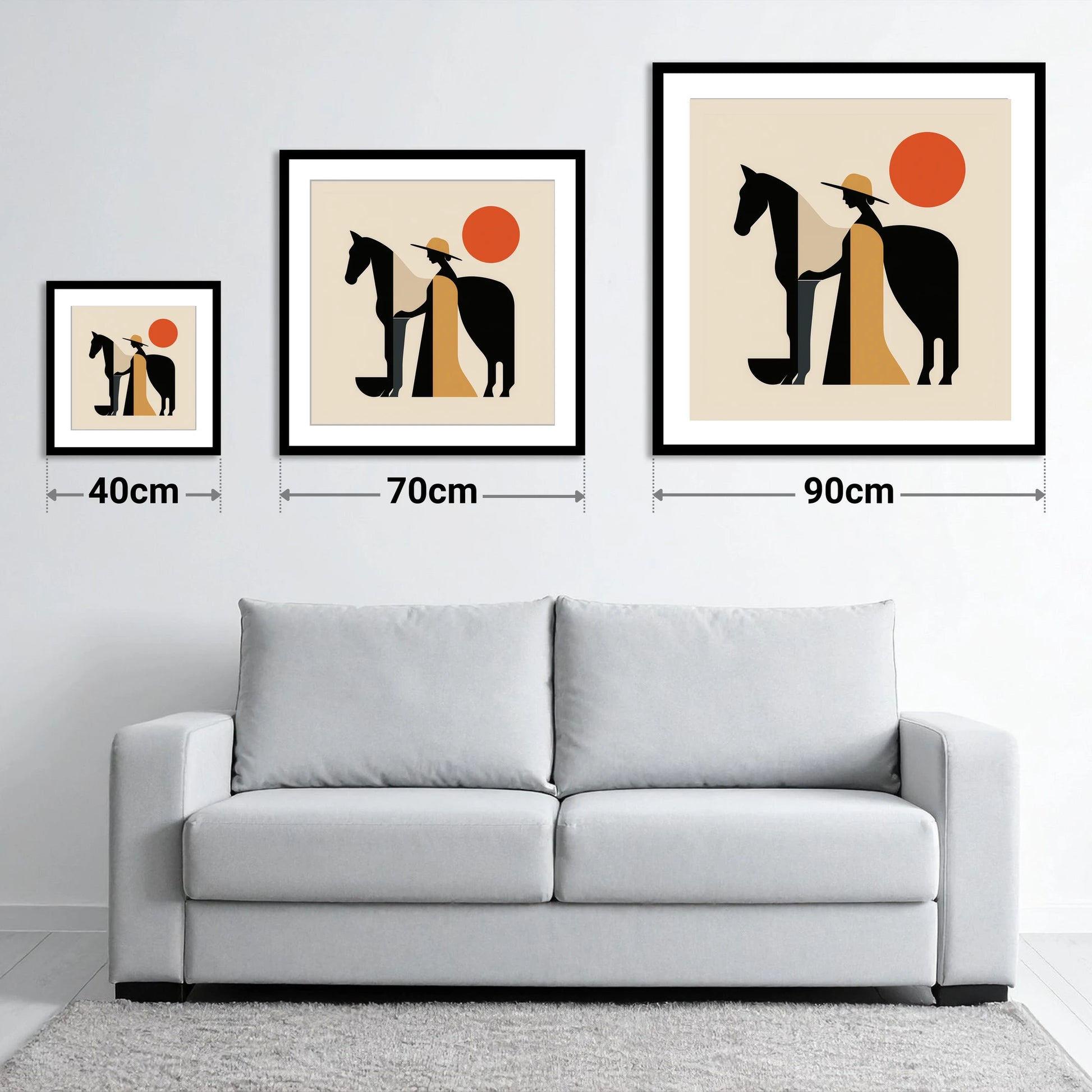 Sunlit Equine Silhouette - size guide showing 40cm, 70cm and 90cm art prints