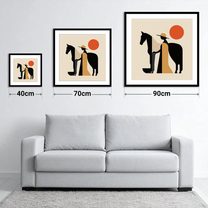 Sunlit Equine Silhouette - size guide showing 40cm, 70cm and 90cm art prints