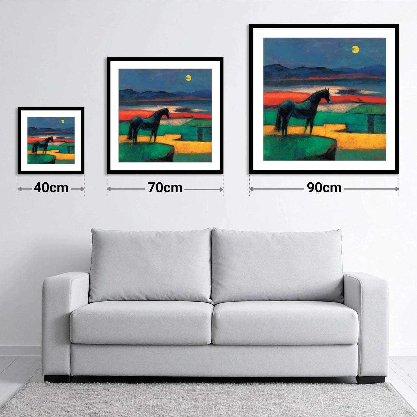 Midnight Solitude - size guide showing 40cm, 70cm and 90cm art prints