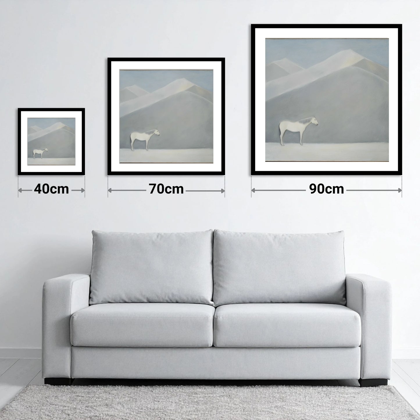 Silent Mountain Sentinel - size guide showing 40cm, 70cm and 90cm art prints