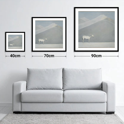 Silent Mountain Sentinel - size guide showing 40cm, 70cm and 90cm art prints