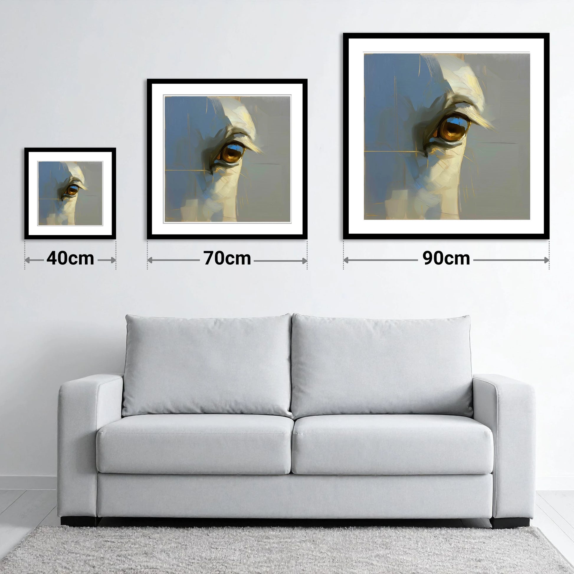Soul of the Grey - size guide showing 40cm, 70cm and 90cm art prints