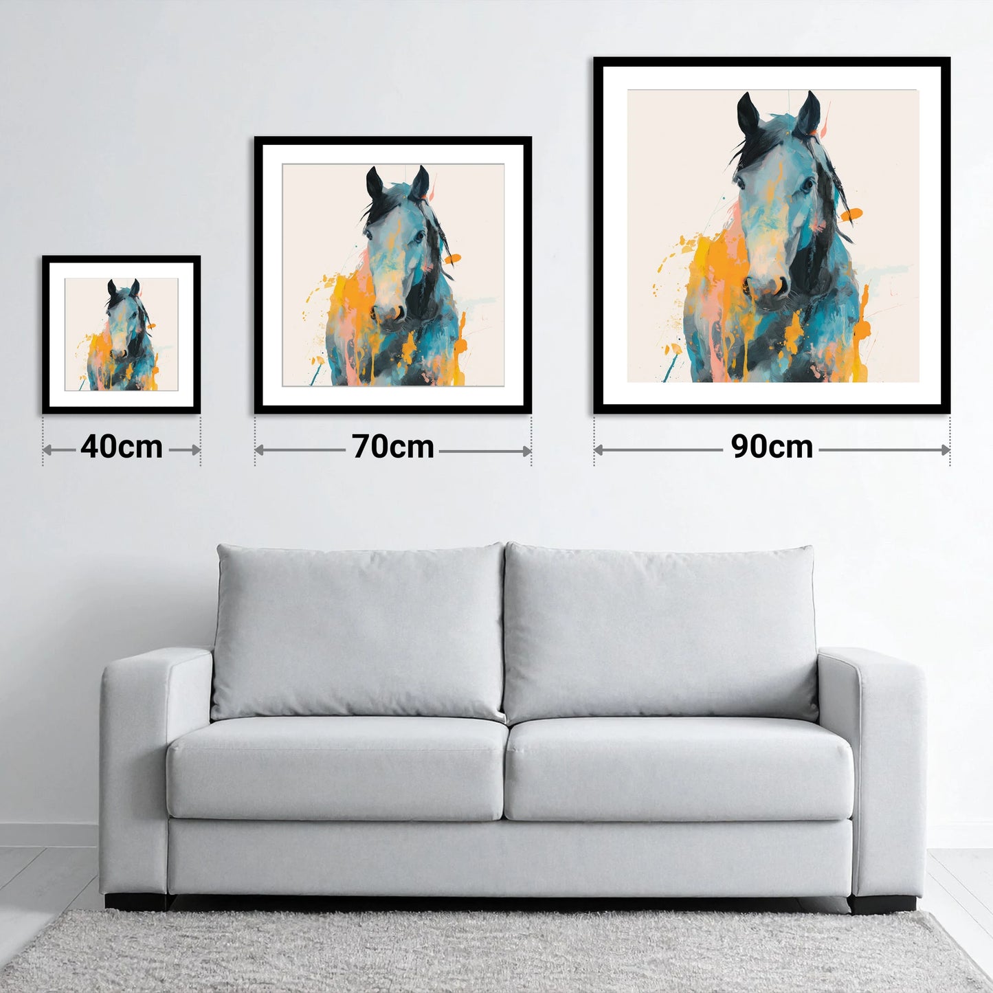Teal and Amber Gaze - size guide showing 40cm, 70cm and 90cm art prints