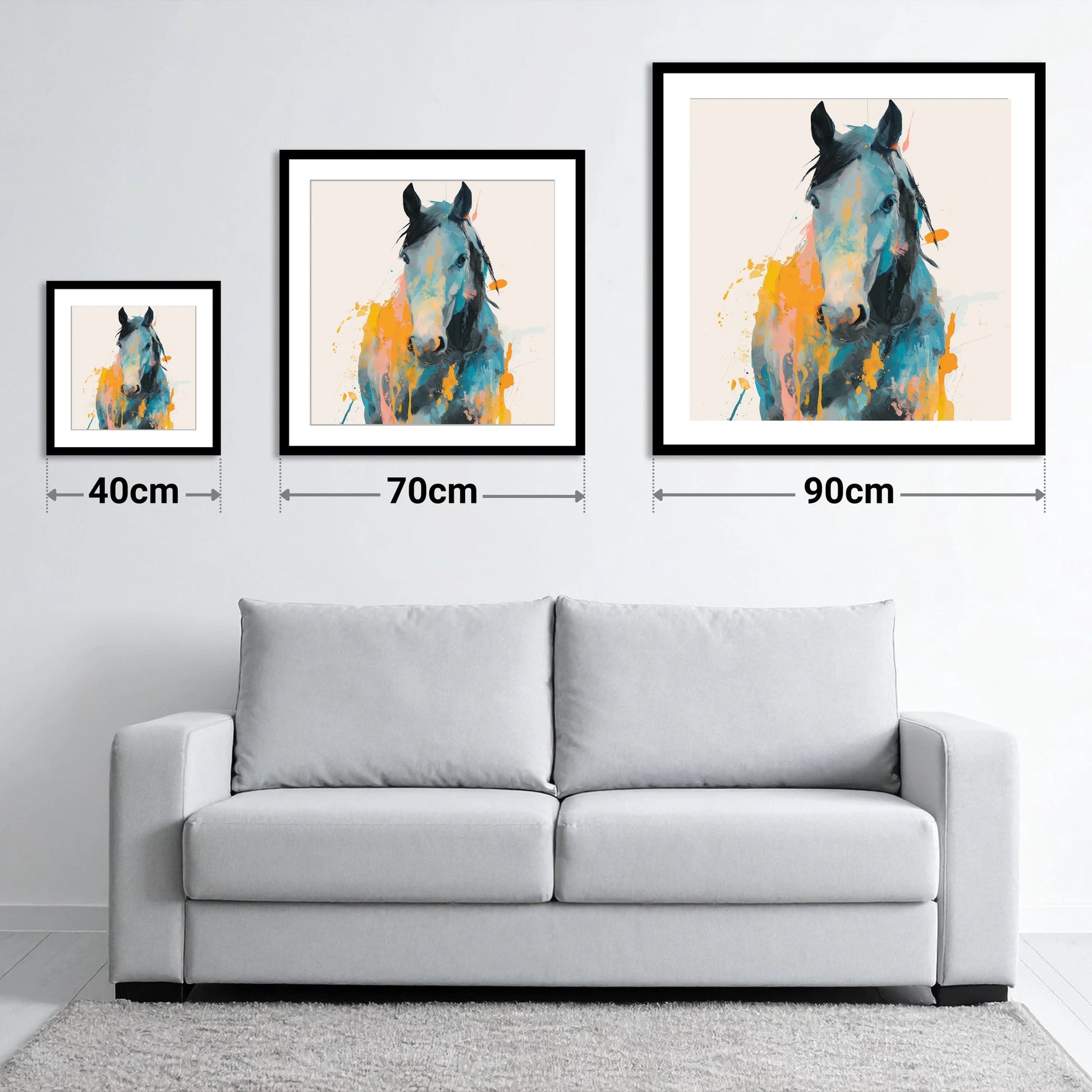 Teal and Amber Gaze - size guide showing 40cm, 70cm and 90cm art prints